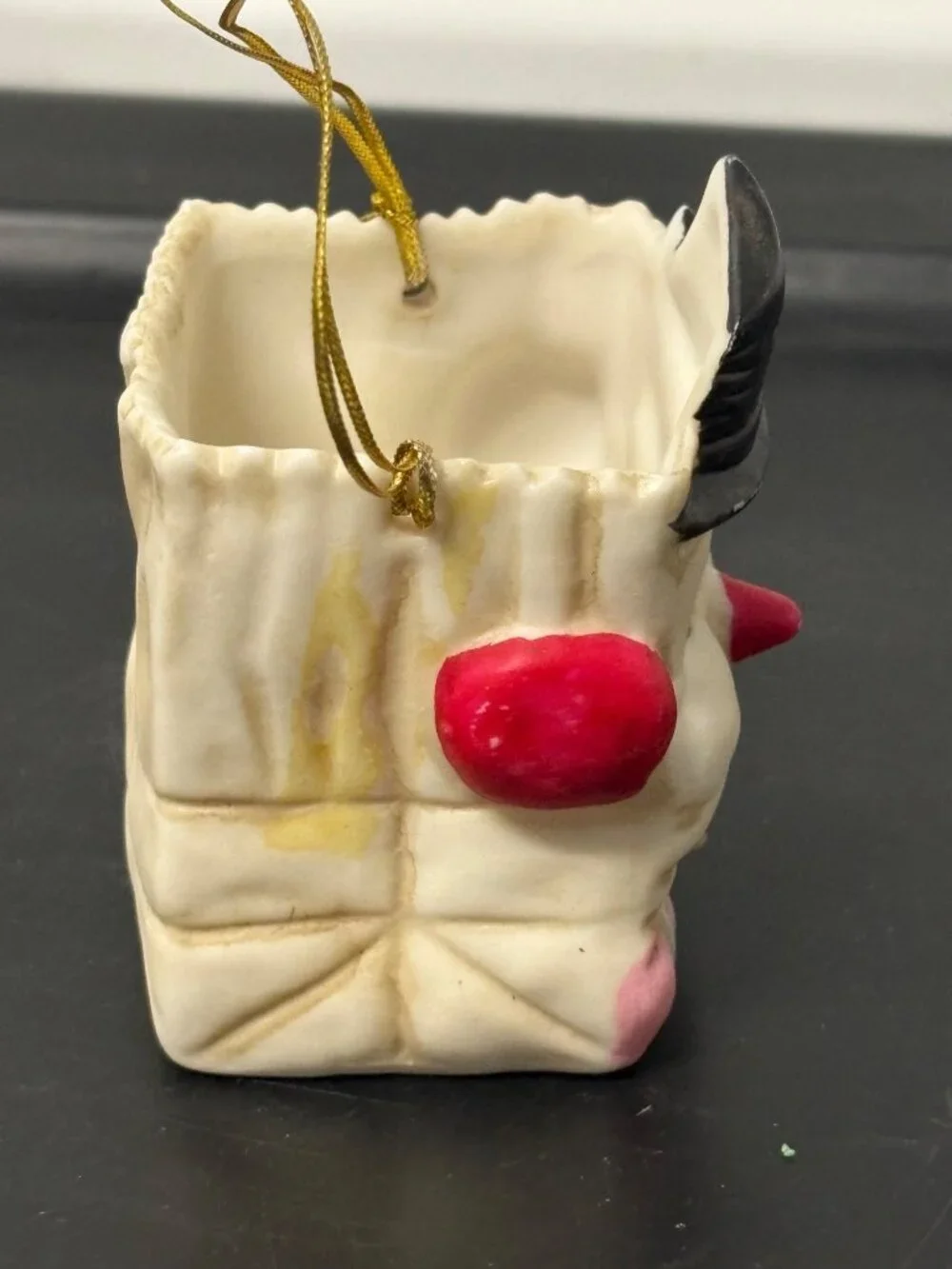 Vintage Bisque porcelain Snowman Christmas Paper Bag Gift Holder Ring Treat Box